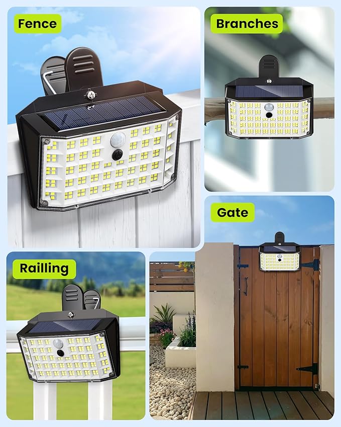 Clip on Solar Lights Outdoor with Motion Sensor, 600LM 176LED Solar Fence Lights Outdoor Waterproof, 3 Modes & Portable Security Lights for Chain Link Patio Deck Yard Garage(4Pack)