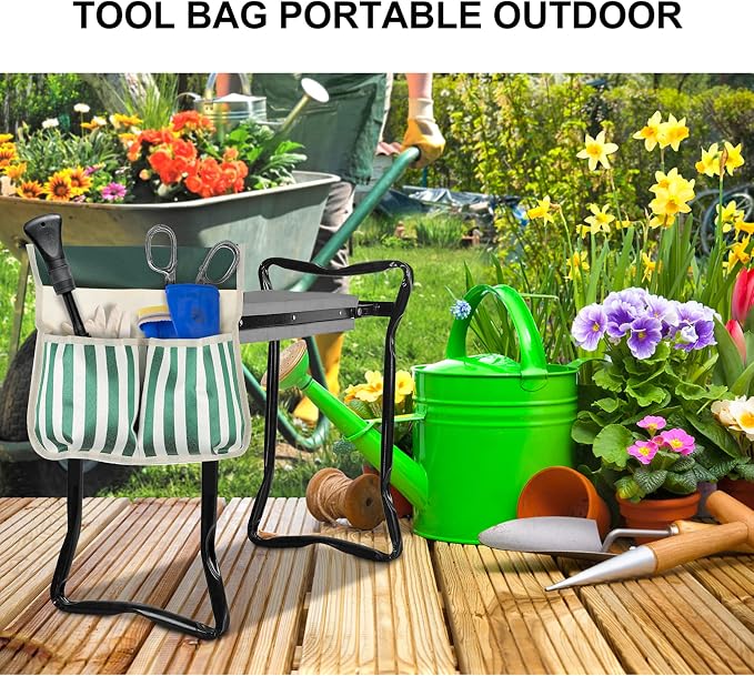 DOITOOL Garden Kneeler Tool Bag Foldable Portable Oxford Cloth Gardening Tool Storage Organizer, Multi- Pockets Gardening Hand Tool Pouch (White and Green Striped)
