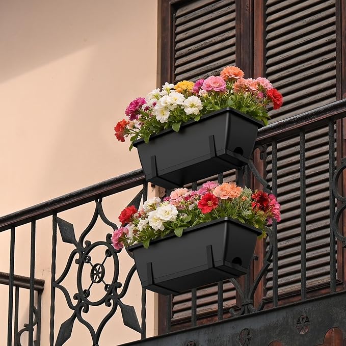 Balcony Planters Railing Hanging, Deck Railings Planter Boxes 16.9in, Railing Planter Box, Deck Planters for Railings, Railing Flower Box with Metal Brackets, Black (2Pcs)