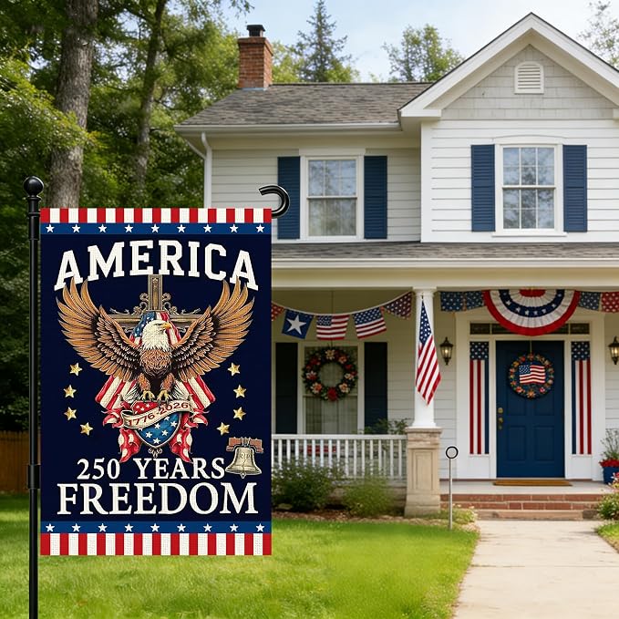 250 Anniversary Usa Garden Flags for Outside, 250 Anniversary USA Flag 1776-2026 Semiquincentennial Commemorative Patriotic Banner with Eagle Design Yard Sign 4th of July Decorations Double-Sided Waterproof 250 Year American Flag 12x18 Inch