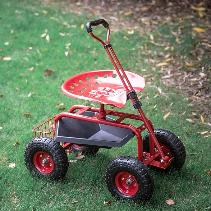 kinbor Garden Cart Rolling Scooter with Extendable Steering Handle, Swivel Seat & Utility Basket, Red
