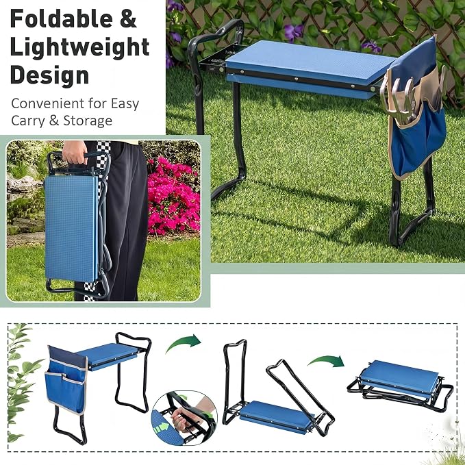 Giantex Garden Kneeler & Seat, Folding Gardening Stool, Portable Garden Bench with EVA Foam Pad, Heavy-Duty Metal Frame, Gardening Tool for Women Men Seniors, Holds 330 LBS, Blue (with 1 Bags)