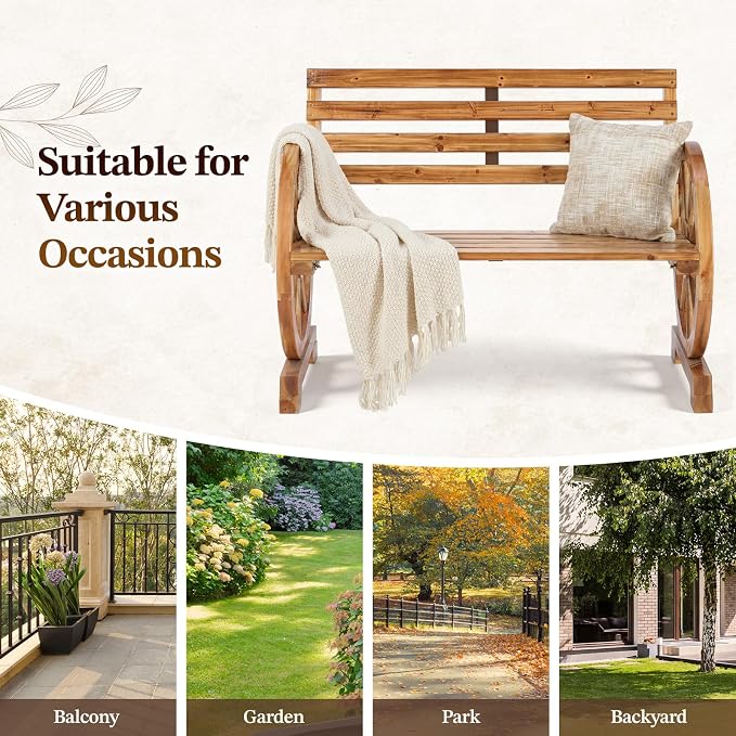 Outvita 41'' Outdoor Wooden Bench, 2-Person Rustic Wagon Wheel Bench with Slatted Seat and Carbonized Fir Wood Construction, Weather-Resistant Garden Bench for Patio, Porch and Backyard（Light Brown）