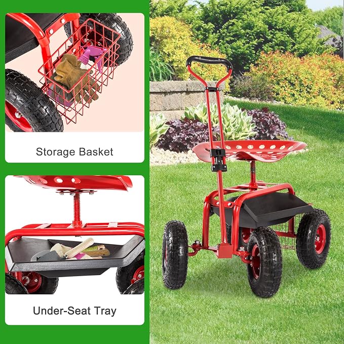kinbor Garden Cart Rolling Scooter with Extendable Steering Handle, Swivel Seat & Utility Basket, Red