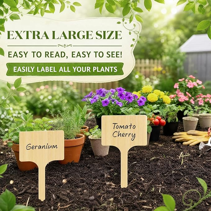 Hicarer 15 Pcs 11.74" x 6" Extra Large Bamboo Garden Markers, Natural Wood T-Type Large Tall Plant Labels for Herbs, Flowers & Vegetables – Easy to Read Full-Size Tags for Garden Outdoor