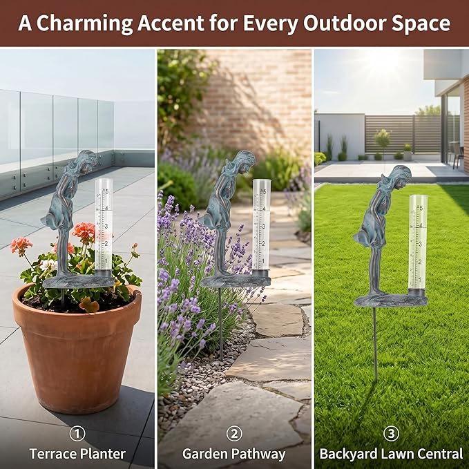 Topadorn Rain Gauge Stake Outdoor, Decorative Girl Garden Statue with 5 Inch Clear Rainfall Tube, Weather Resistant Resin Rain Gauge for Yard, Lawn and Flower Beds