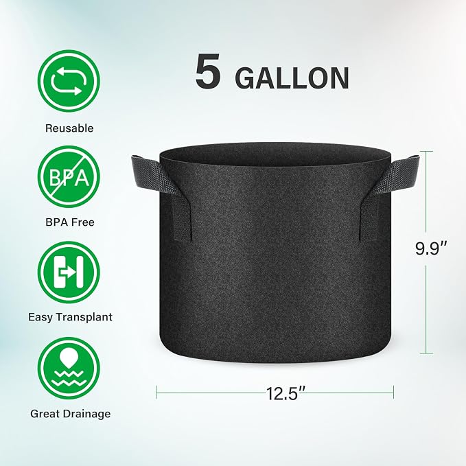 YSSOA 10-Pack 5 Gallon Grow Bags, Aeration Nonwoven Fabric Plant Pots with Handles, Heavy Duty Gardening Planter for Potato, Tomato, Vegetable and Fruits, Black 2024 Version