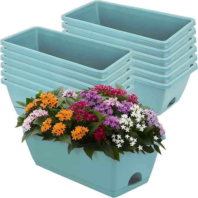 LOCONHA Window Box Planter, Plastic Vegetable Flower Planters Boxes 17 Inches Rectangular Flower Pots with Saucers for Indoor Outdoor Garden, Patio, Home Decor (12, Sky Blue)