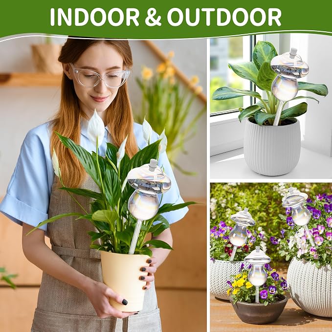 11 oz Up Large Plant Watering Globes, Self Watering Planter Insert, Glass Plant Watering Devices, Mushroom Self Watering Globes, Automatic Watering Bulbs for Indoor Outdoor Plants (Large 4-Pack)