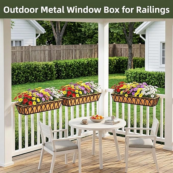 30 Inch 6 Pack Railing Planter with Adjustable Brackets, Window Box with Coco Liner, Hanging Metal Flower Box for Balcony Deck Fence Porch, Black