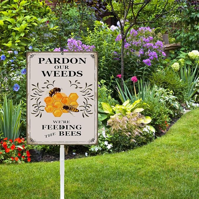 Pardon the Weeds We're Feeding The Bees Yard Sign with Stakes Do Not Mow 8x12 IN Aluminum Lawn Sign Stand for Yard Garden Pollinator Wildflower Save Bee Habitat Sign Outdoor Decorations