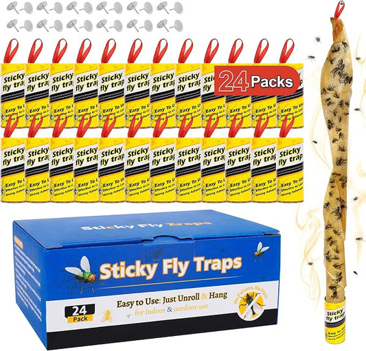24 Pack Fruit Fly Traps for Indoors, Fly Traps Outdoor, gnat Traps for House Indoor, Fly Strips Tape Killer Catcher Paper Ribbon, Flying Insect Trap for Bug, Gnat, Insect, Mosquito