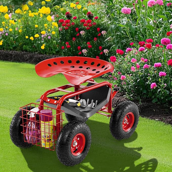 Giantex Garden Workseat, 360 Swivel Rolling Seat with Wheels, Tools Basket, Gardening Cart with Seat, Adjustable Height, Wagon Scooter for Patio Lawn Yard, Outdoor Steerable Stool (Red)