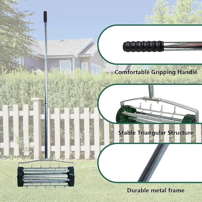 Heavy Duty Rolling Lawn Aerator - 3-Piece Steel Handle Push Spike Aerator for Garden & Yard, 57-Inch Manual Soil Aeration Tool for Grass Maintenance, Compacted Lawn Care