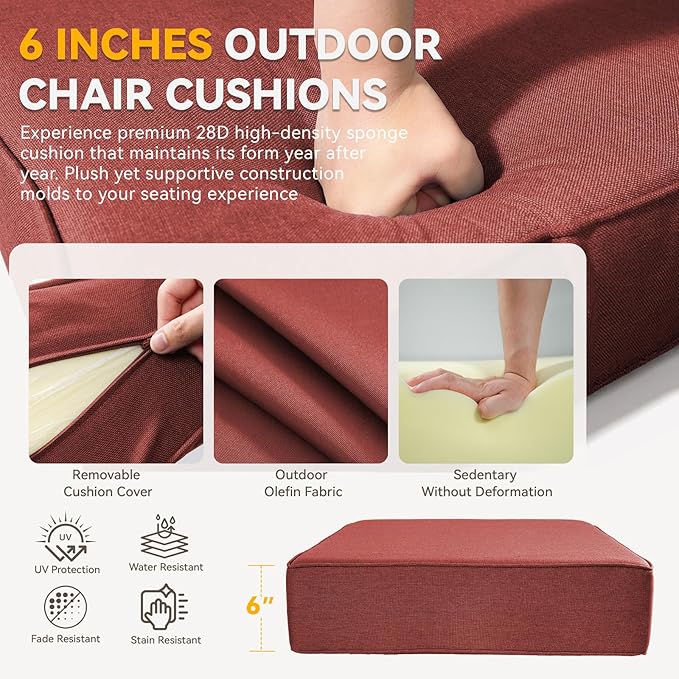 Outdoor Cushion Set for Furniture Patio Furniture, UV Resistant, Water Resistant - 6 Inch Thick Foam Garden Cushions– 24x24 Inch Patio Seat Covers for Chair/Sofa/Couch | Red | 12-Pack |