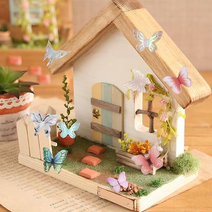60Pcs Resin Butterflies 3D Miniature Dollhouse Accessories, Waterproof Tiny Charms for Fairy Garden, Scrapbooking & DIY Crafts with Window Envelope Packaging (Assorted Colors)