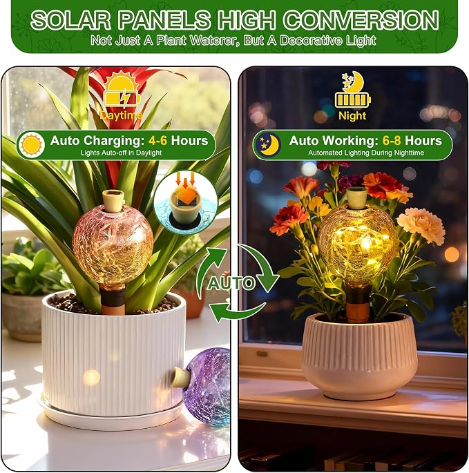 SAVENNA Crackle Glass Plant Watering Globe with Terracotta Spike,Self-Watering Irrigation for Potted Plants, with Solar Accent Light for Indoor & Outdoor Décor, 17oz, Yellow–Pink Gradient