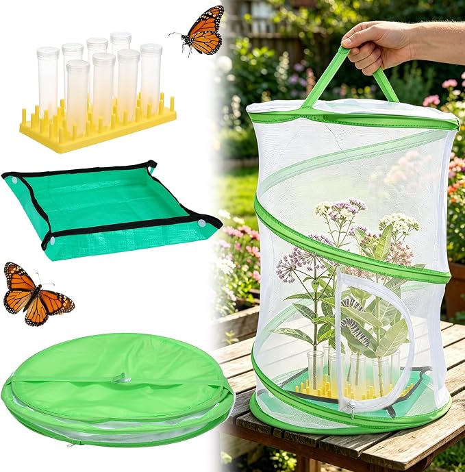 Complete Butterfly Habitat Kit - 14" W x 20" H Large Collapsible Mesh Growing Cage & Hydroponic Feeding Tubes/Rack Holder & Messproof Mat & Guide, Easy to Set Up, Monarch Caterpillars Enclosure House