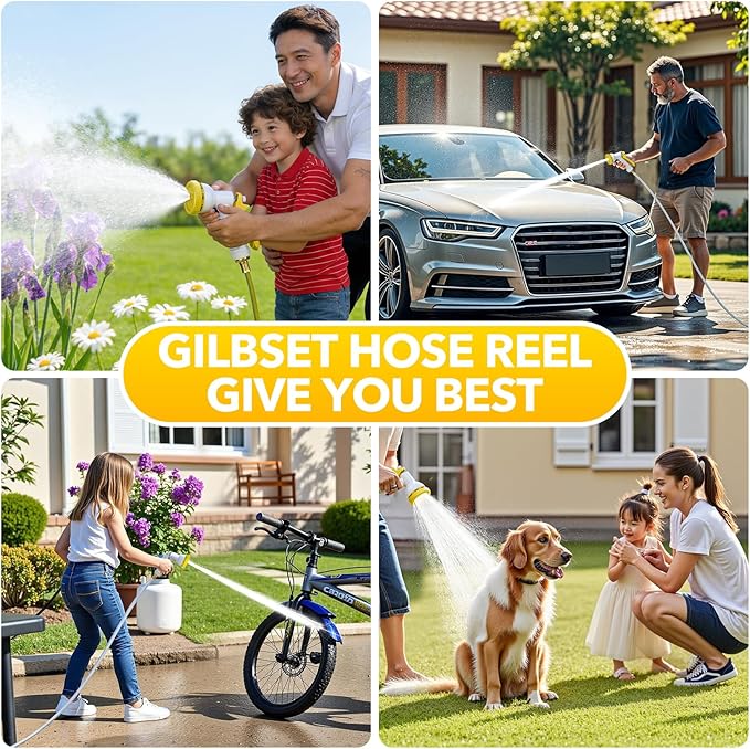 5/8" x 100 ft Retractable Garden Hose Reel, Heavy Duty Water Hose Reel Wall Mounted, Any Length Lock, 180°Swivel, Water Hose with 8-Function Nozzle for Cleaning, Watering(Yellow)