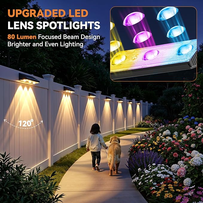 Solar Fence Lights Outdoor 4 Pack, Upgraded Brightness 3X LED Lens Fence Lights Solar Powered, 9 Fixed Colors & RGB Lights, IP65 Waterproof Solar Lights for Outside Backyard/Railing/Step/Patio