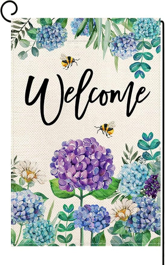 Baccessor Spring Summer Hydrangea Garden Flag Double Sided 12x18 Inch, Blue Purple Flower Floral Welcome Small Yard Flag Burlap Vertical Seasonal Farmhouse Yard Outdoor Decoration