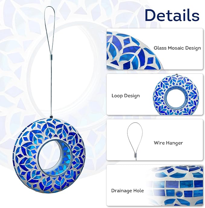 Lily's Home 8" Mosaic Hanging Bird Feeder with 10" Wire - Bird Feeders for Outdoors - Ideal Garden Decor - Easy to Fill and Hang - Perfect for Backyard Wild Birds- Fly-Through Access