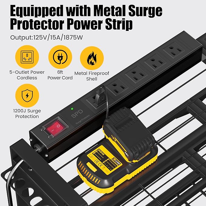 MOOMSINE Large Power Tool Organizer Wall Mount with Charging Station for Garage, 400lbs Metal Storage Rack with 8 Cordless Drill Holder, 4 Tier Heavy Duty Battery Tool Shelf with 5 Outlet Power Strip