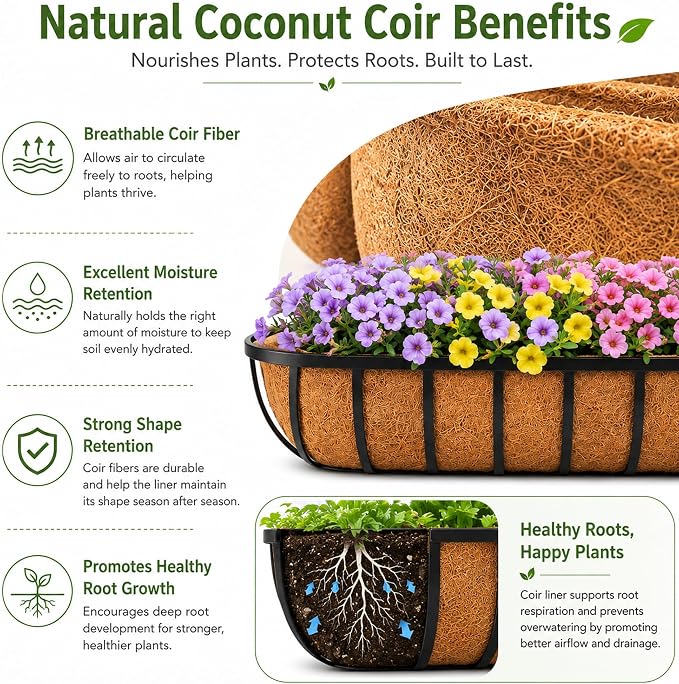 Y&M 2pcs 24 Inch Window Deck with Coco Liner, 24" Window Boxes Horse Trough with Coconut Coir Liner, Black Metal Hanging Flower Planter Window Basket Deck Railing Planter Boxes for Outdoor Indoor