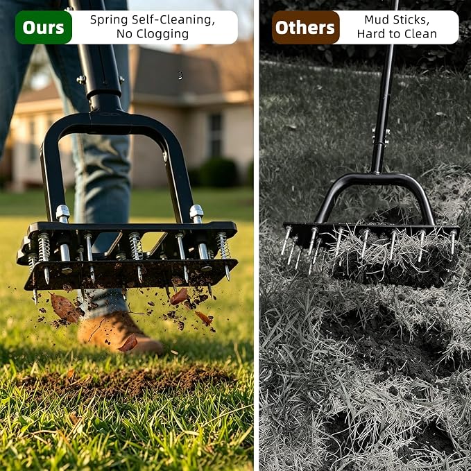 Lawn Aerator Spike Tool with 15 Iron Spikes & 6-Spring, Dual-Layer Self-Cleaning Design, Thickened Support Rod, Plastic Non-Slip Shell, Effortless Soil Loosening & Yard Aeration