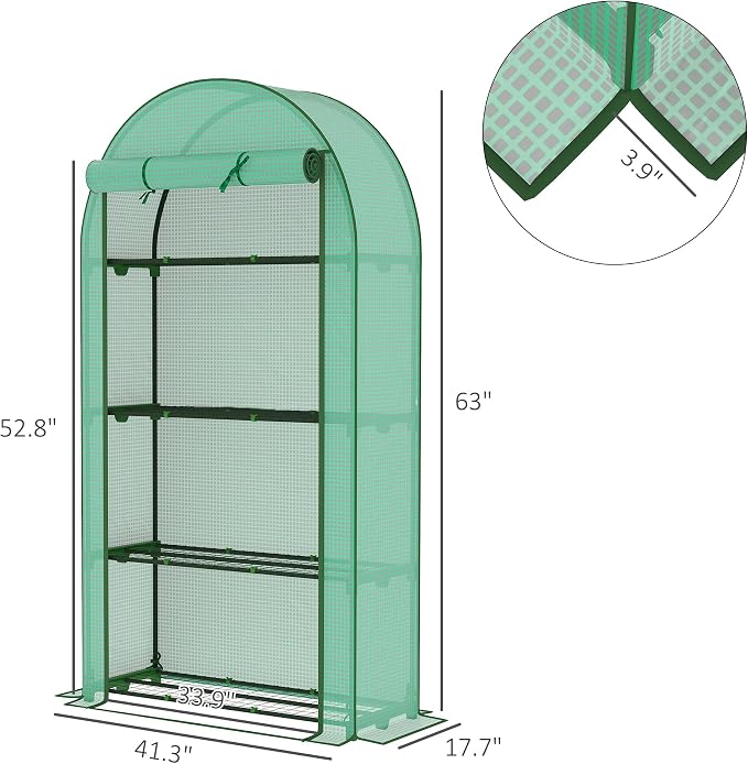 Outsunny 4 Tier Mini Greenhouse, 41.3" x 17.7" x 63" Portable Greenhouse with Roll-Up Door and PE Cover, for Backyard Garden, Green