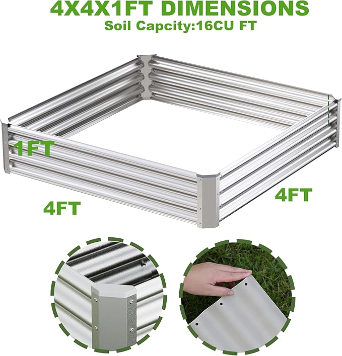 4x4x1ft-2PCS Raised Garden Bed Kit, Galvanized Planter Garden Boxes Outdoor, Metal Raised Garden Beds for Vegetables,Fruits, Flower,Silver