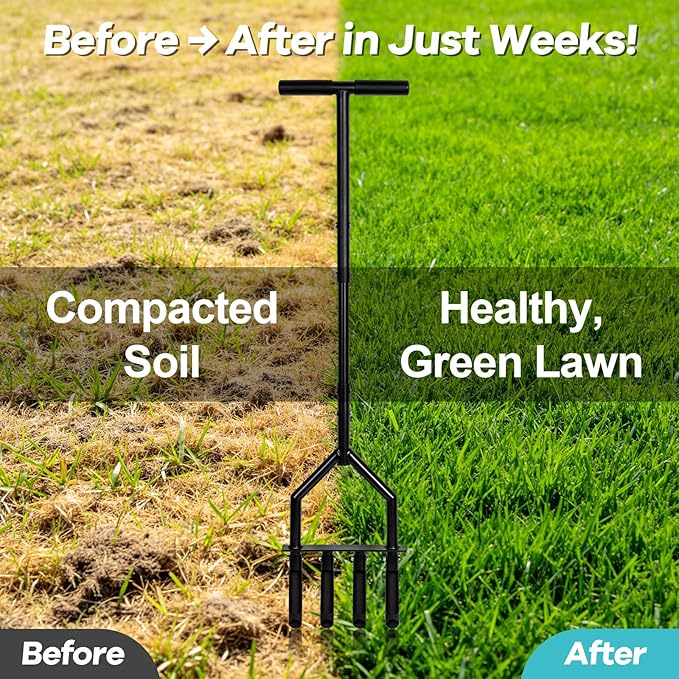 Lawn Core Aerator with 4 Detachable Hollow Tines, Pre-Assembled Manual Plug Aerator Tool with T-Handle & Foot Bar, Grass Soil Aerator for Lawn Yard Aeration & Soil Loosening