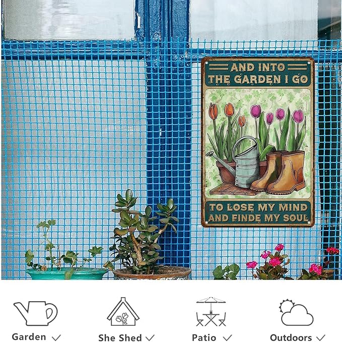 Gardening Metal Tin Sign - Retro Garden Quote Wall Art Decor - 'Into The Garden I Go To Lose My Mind' - Indoor/Outdoor - 12 * 8in
