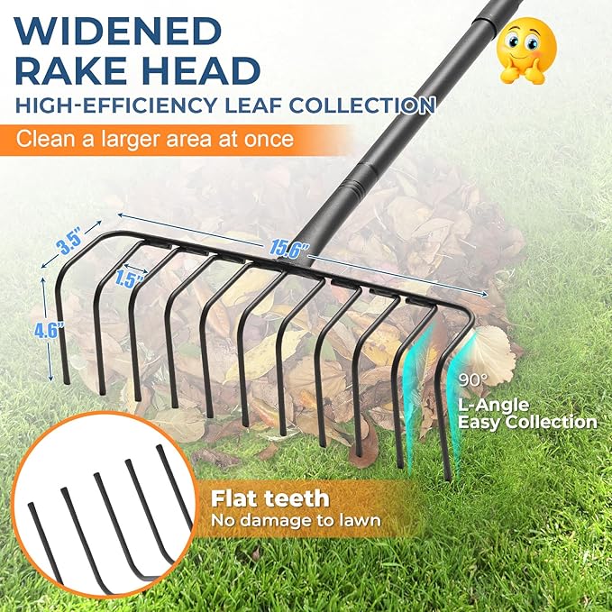 Thatch Rake, 16-Inch Heavy Duty Metal Garden Rake with 56-Inch Handle & 11 Steel Tines – Lawn Thatch Removal Tool for Leaves, Mulch, Pine Needles, Grass & Yard Debris