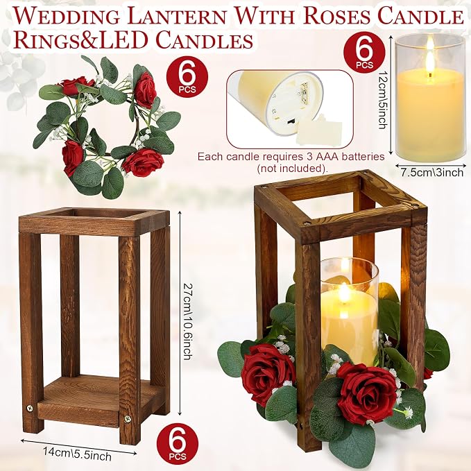 18 Pcs Wedding Wooden Lantern Centerpiece - Rustic Wooden Candle Lantern with Rose Candle Rings Wreaths LED Candles for Valentine Wedding Party Country Farmhouse Table Decor
