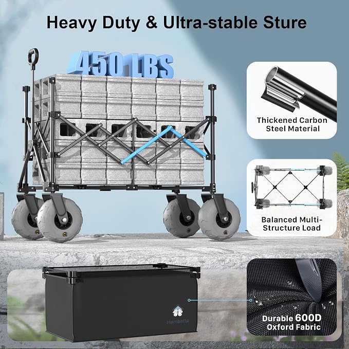Beach Wagon with Big Wheels for Sand, 450LBS Heavy Duty Foldable Collapsible Wagons Carts with 9" All Terrain Inflatable Tires, Adjustable Capacity 200L–380L for Groceries, Camping, Sports