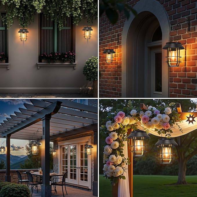 Solar Lanterns Outdoor Waterproof, High Brightness Hanging Solar Lights for Outside with Wall Hooks, Christmas Decor Retro Metal Outdoor Lanterns Auto On/Off for Patio, Yard Decor, Black, 2Pack