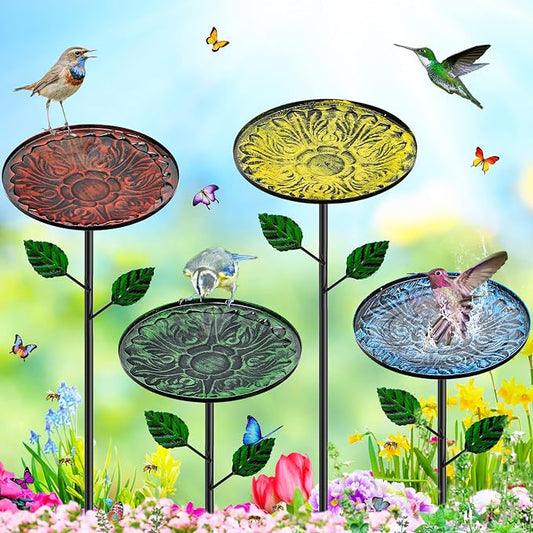 4 Pack Metal Bird Bath for Outside, Small Hummingbird Bath Bowl with Metal Stakes, Detachable Birdfeeder Birdbath Garden Decor for Outdoor Yard Lawn
