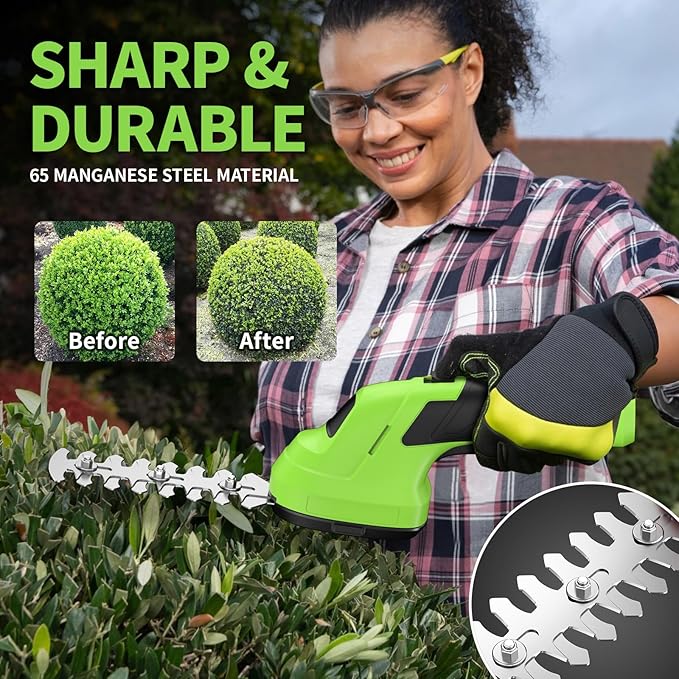 FULLYEA Cordless Hedge Trimmer, 2 in 1 Handheld Cordless Grass Shears with 2.0Ah Battery and Type-C Cable Included, Lightweight Bush Trimmer Grass Cutter for Garden Yard Lawn(Green)