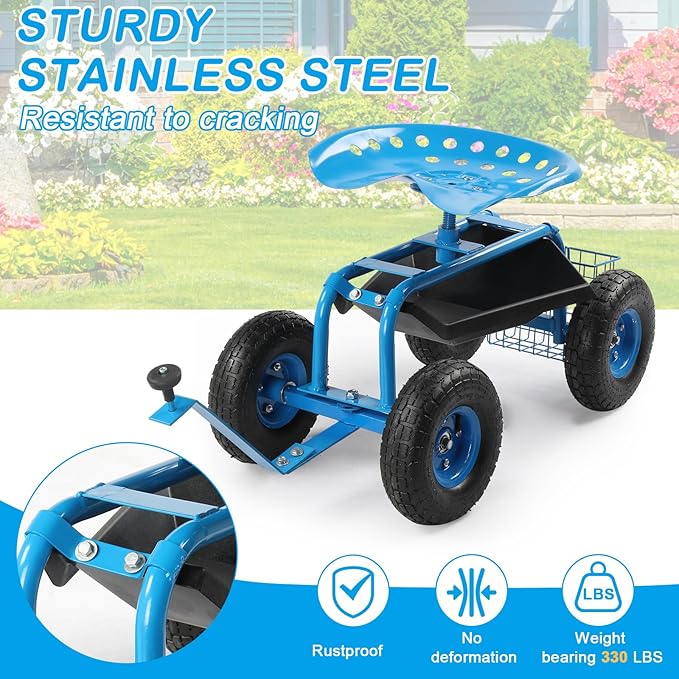 Outvita Garden Cart Gardening Workseat w/Wheels, Rolling Work Seat with Adjustable 360 Degree Swivel Seat, Basket and Tool Tray, Patio Wagon Scooter for Lawn Yard Outdoor Planting（Blue）