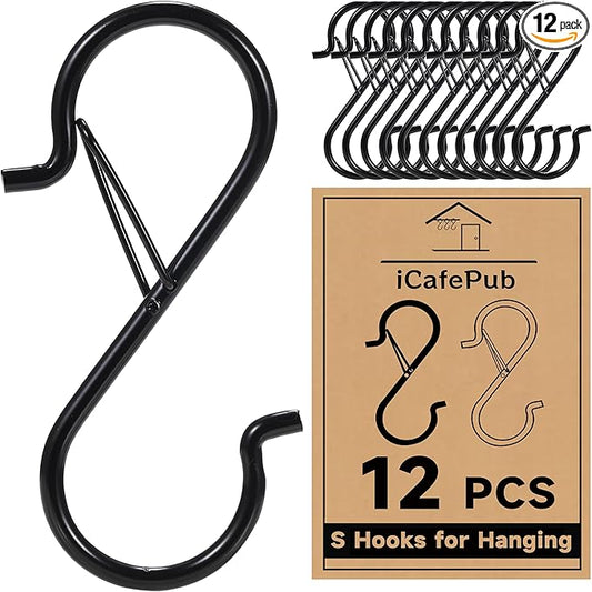 12 PCS S Hooks for Hanging with Safety Buckle, 3.5 inch Heavy Duty Metal S Shaped Hooks for Kitchen Utensil, Cups, Pots, Plants, Bags, Hats (Black)