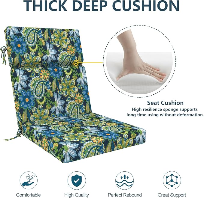 DYTXIII Outdoor High Back Chair Cushions Set of 2, 44"x22" Water Repellent Patio Seat Cushions with Elastic Sponge, All Weather Chair Pads for Rocking, Dining Chairs, Patio Furniture - Flower Child