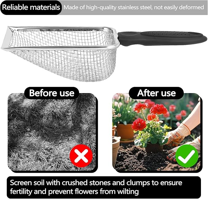 Huakaile 2 Pieces 5 & 3.8 mm Soil Sifter for Gardening, Stainless Steel Compost Sifter with Plastic Handle, Garden Mesh Shovel Potting Scoop for Sand Rock Gravel Filtration (2)