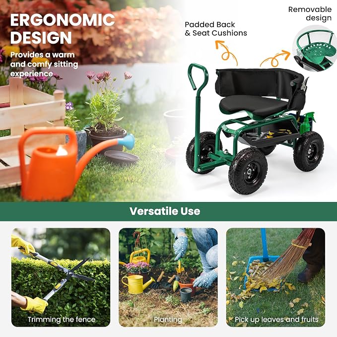 Byroce Rolling Garden Cart with Seat, Heavy Duty Wheelbarrow Utility Cart with Metal Frame, Swivel Seat, Tool Tray, Storage Basket & Adjustable Handle, Outdoor Garden Wagon Scooter for Yard (Green)