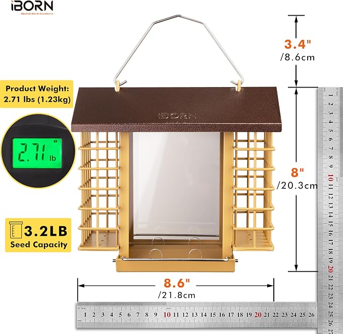 iBorn Bird Feeders for Outdoors,Bird Feeder with Double Suet Holders,Suet Feeder for Outside,Weatherproof Metal Roof,Easy to Refill&Clean,3.2 LBs Seed Capacity+2X Cake,1 Pack,Coffee Roof & Yellow Grid