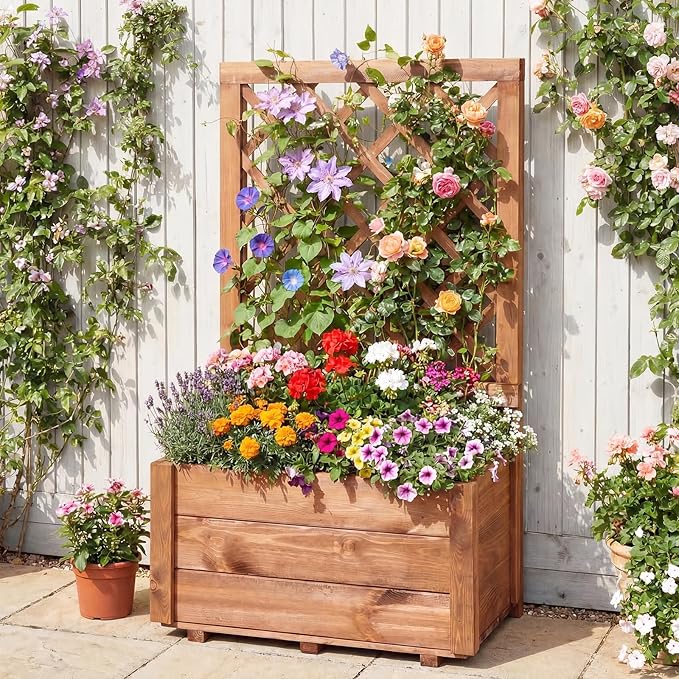 Giantex Raised Garden Bed with Trellis, 23”x14”x40” Wood Elevated Planter Box w/Drainage Hole for Climbing Vine Flower Herb Vegetable Fruit, Planting Container for Indoor Outdoor Patio Balcony