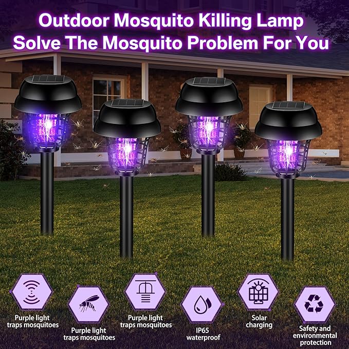 Qualirey 4 Pcs Solar Bug Zapper Waterproof Outdoor Mosquito Zapper Mosquito Killer and Lighting Bug Repellent Lamp for Indoor Outdoor Use Garden Patio (Vintage Black,Plastic)