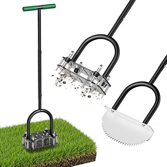 2026 Upgrade Manual Lawn Aerator Tool with a Replaceable Lawn Cutter, Spring‑Loaded Automatic Dirt and Loose Soil, Height Adjustable Metal Yard Aerator Lawn Aeration（Two Kit