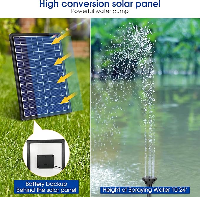 Biling 6.5W Solar Fountain for Bird Bath, DIY Solar Water Pump with 3000mAh Battery Backup Work All Day, 5ft Tubing 5 Nozzles for BirdBath, Small Pond, Fish Tank and Hydroponics