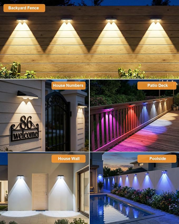 Solar Fence Lights Outdoor,3000/4500/6000K/RGB 13 Mode 8PACK Fence Lights Solar Powered High Brightness LED Lens IP65 Waterproof Solar Wall Light for Outside/Patio/Step/Backyard/Railing/Pool/Deck